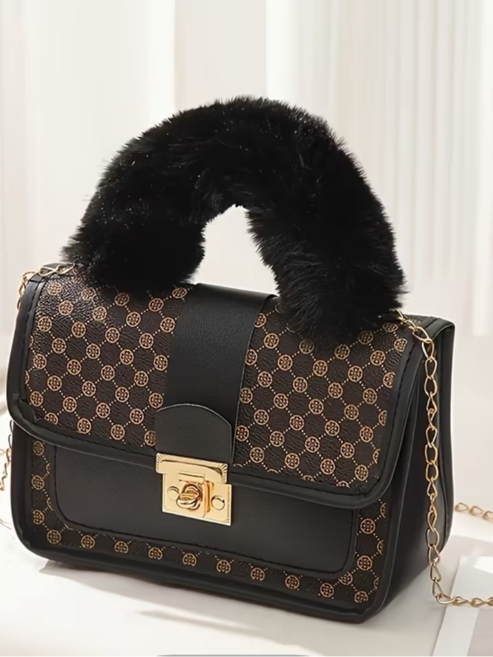 Black Faux Fur Top-Handle Crossbody Bag - Designer-Inspired